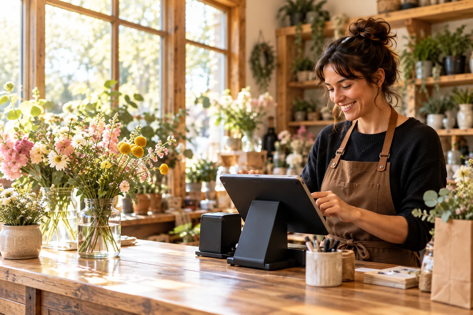 Merchant using a point of sale in a flower shop