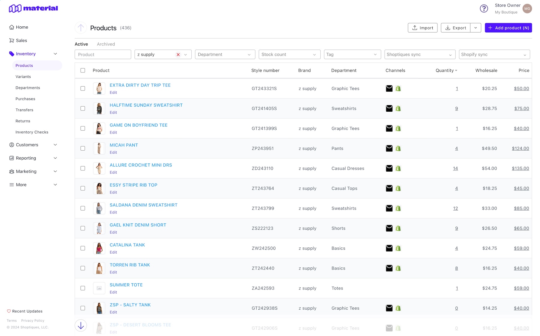 Material Retail product inventory interface