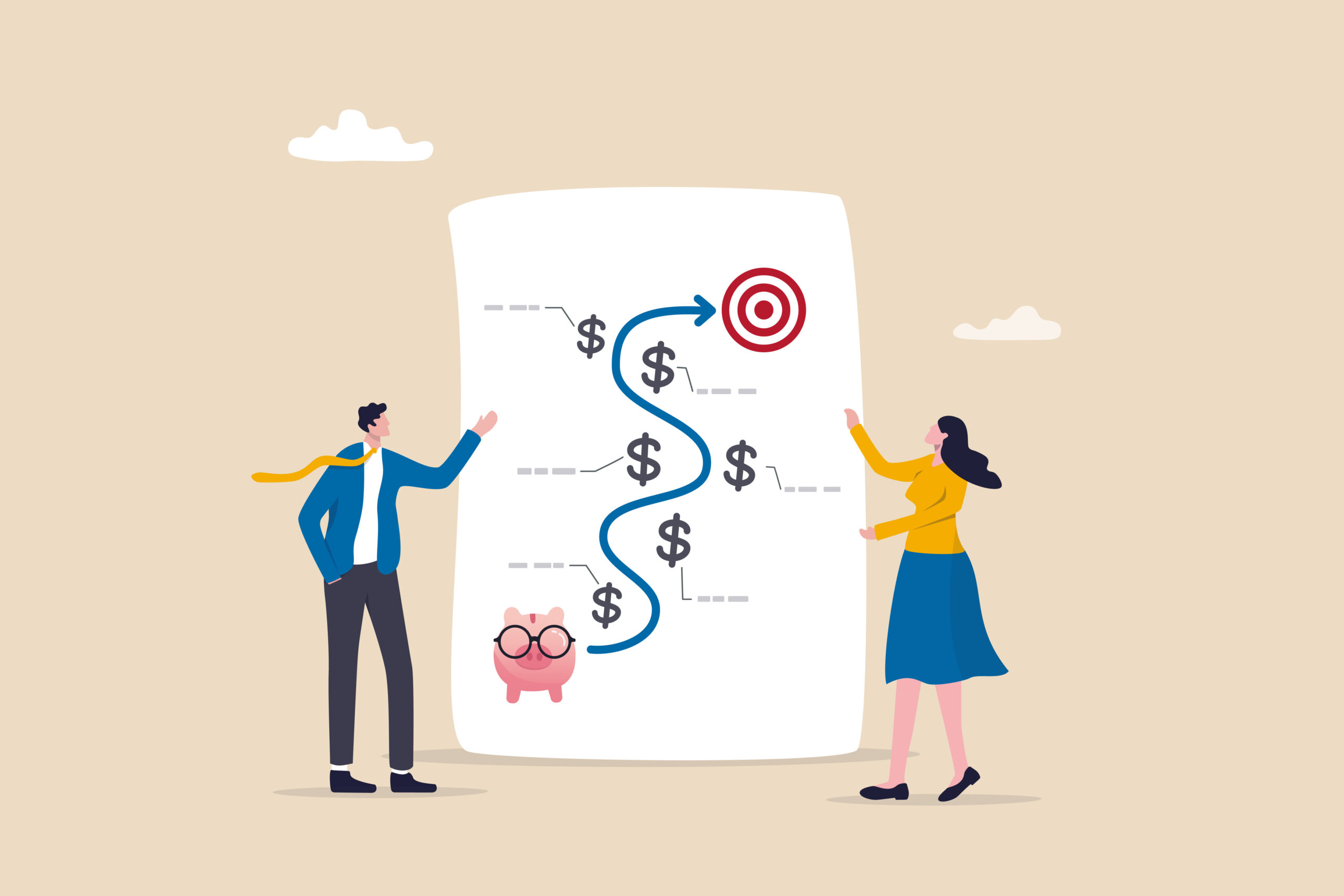 cartoon man and women holding paper with map